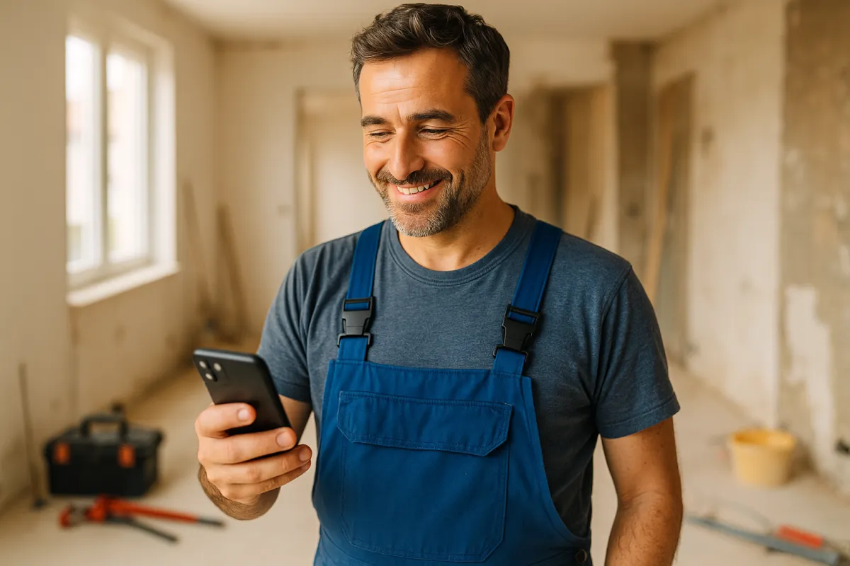 Artisan souriant utilisant son téléphone sur un chantier